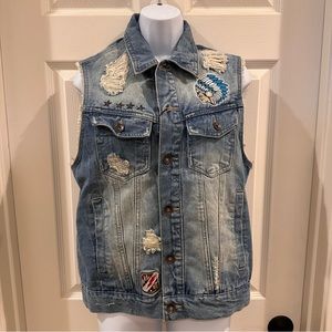 JC Legacy Distressed Denim Vest with Headdress Stars Crest Patches Streetwear